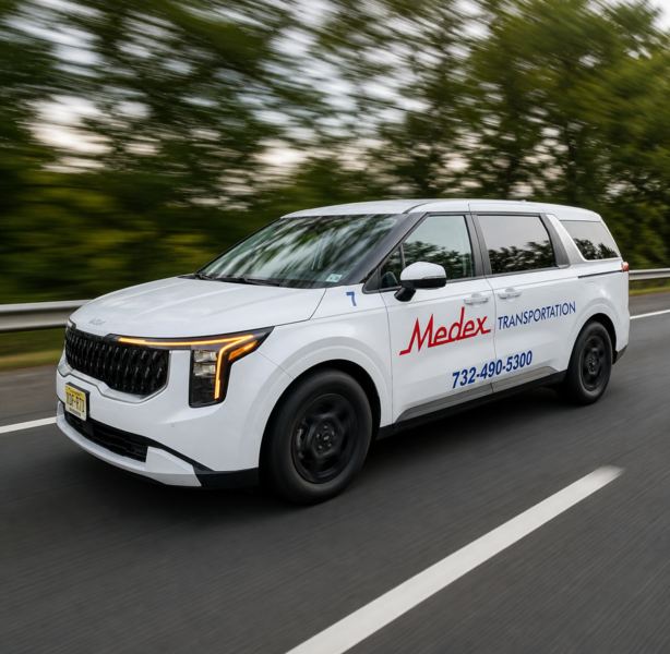 Medex SUV driving on a tree-lined road